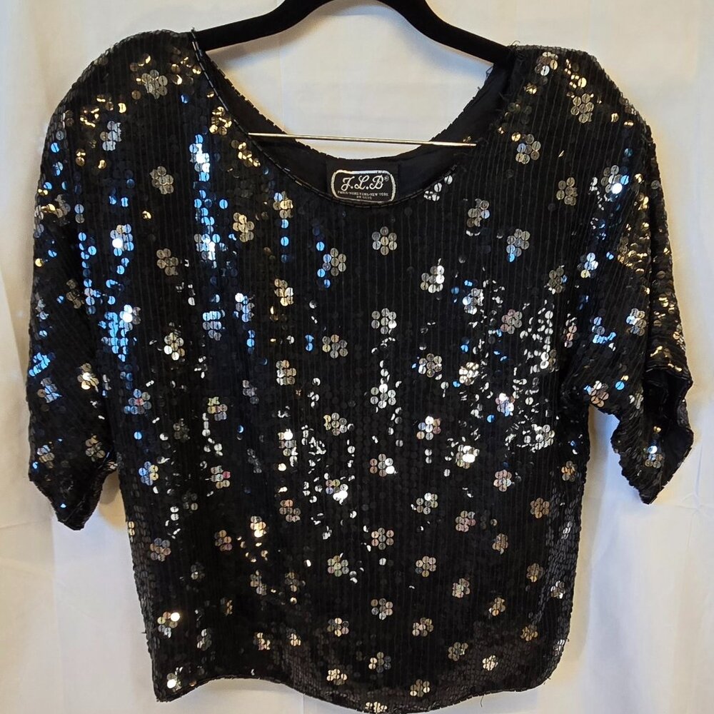 Vintage J.L.B. Sequins and Beaded Shirt, Black And Silver, Size S, 100% Silk